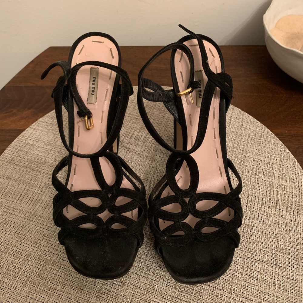Miu Miu strappy platform heels in black suede
